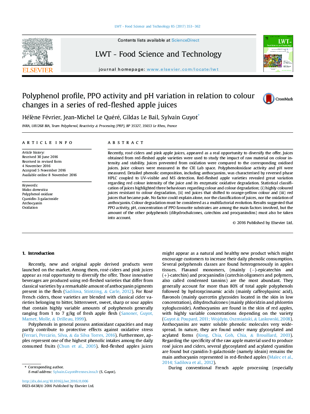 Polyphenol profile, PPO activity and pH variation in relation to colour changes in a series of red-fleshed apple juices