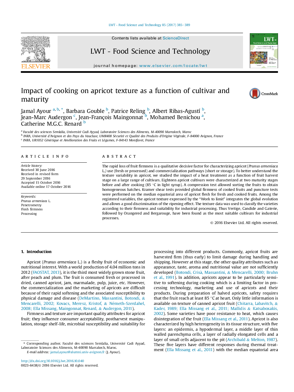 Impact of cooking on apricot texture as a function of cultivar and maturity