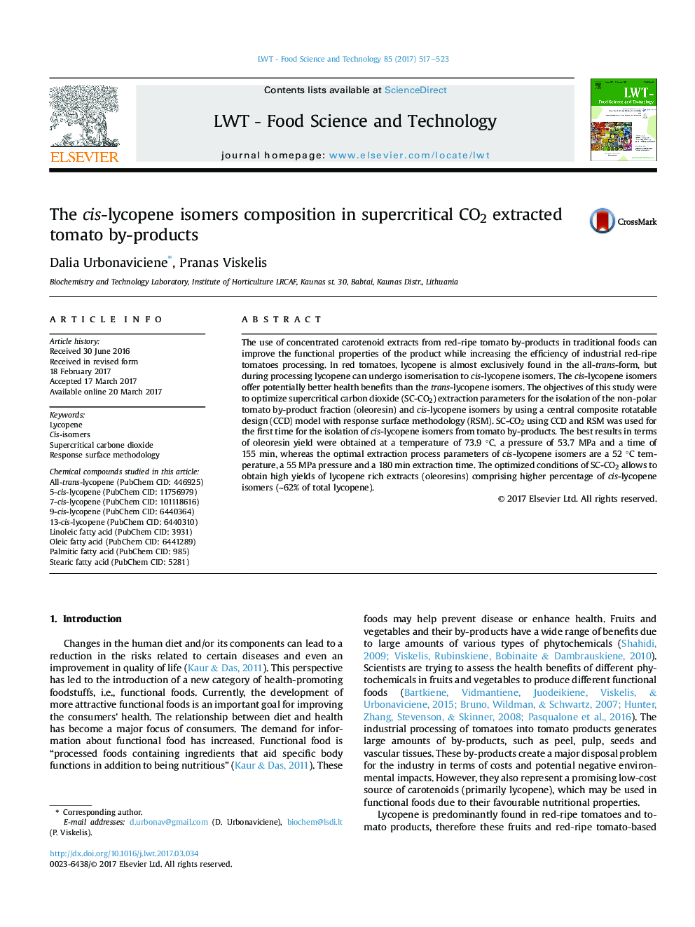 The cis-lycopene isomers composition in supercritical CO2 extracted tomato by-products