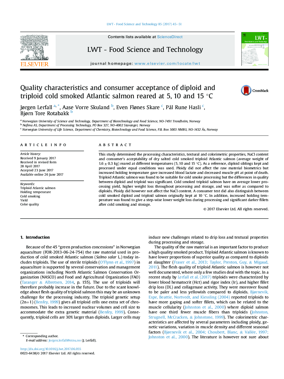 Quality characteristics and consumer acceptance of diploid and triploid cold smoked Atlantic salmon reared at 5, 10 and 15Â Â°C