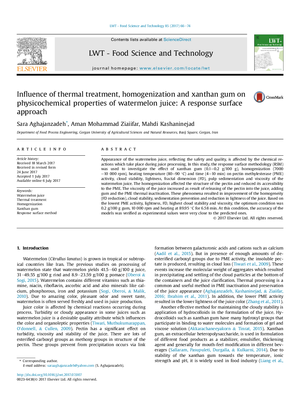 Influence of thermal treatment, homogenization and xanthan gum on physicochemical properties of watermelon juice: A response surface approach