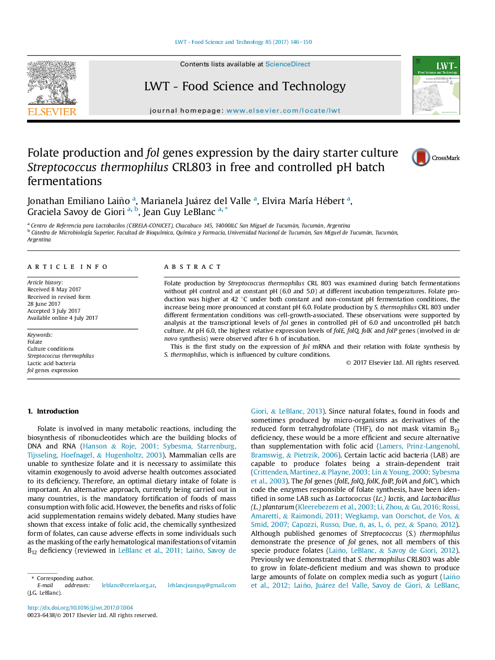 Folate production and fol genes expression by the dairy starter culture Streptococcus thermophilus CRL803 in free and controlled pH batch fermentations