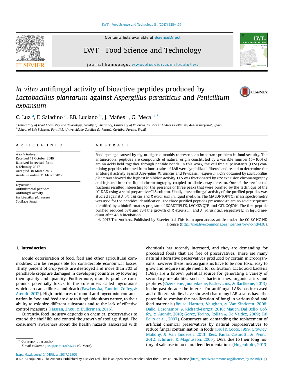 InÂ vitro antifungal activity of bioactive peptides produced by Lactobacillus plantarum against Aspergillus parasiticus and Penicillium expansum