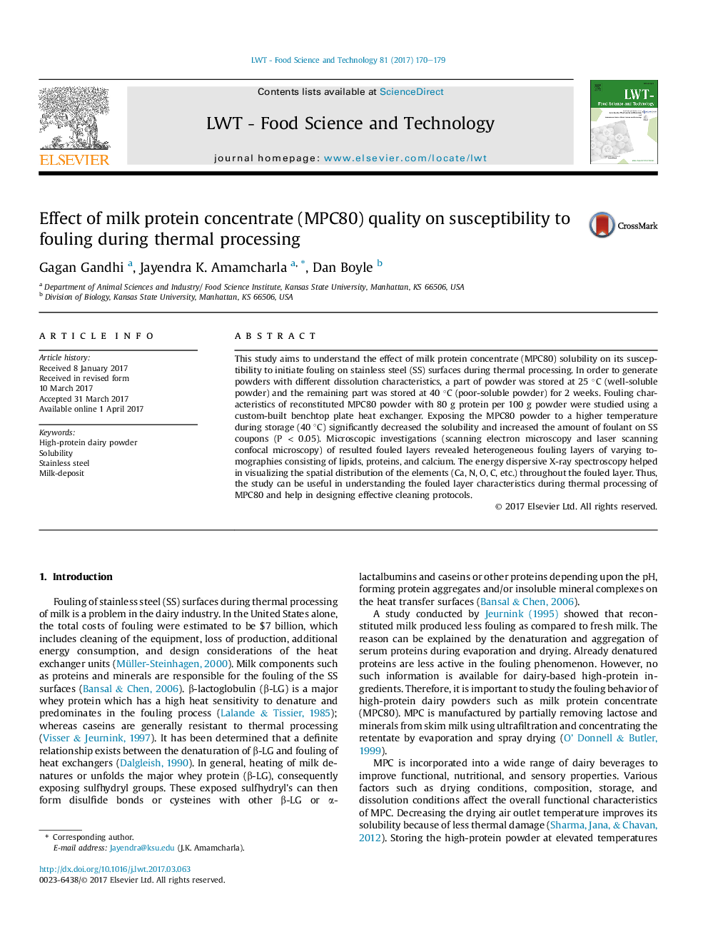 Effect of milk protein concentrate (MPC80) quality on susceptibility to fouling during thermal processing