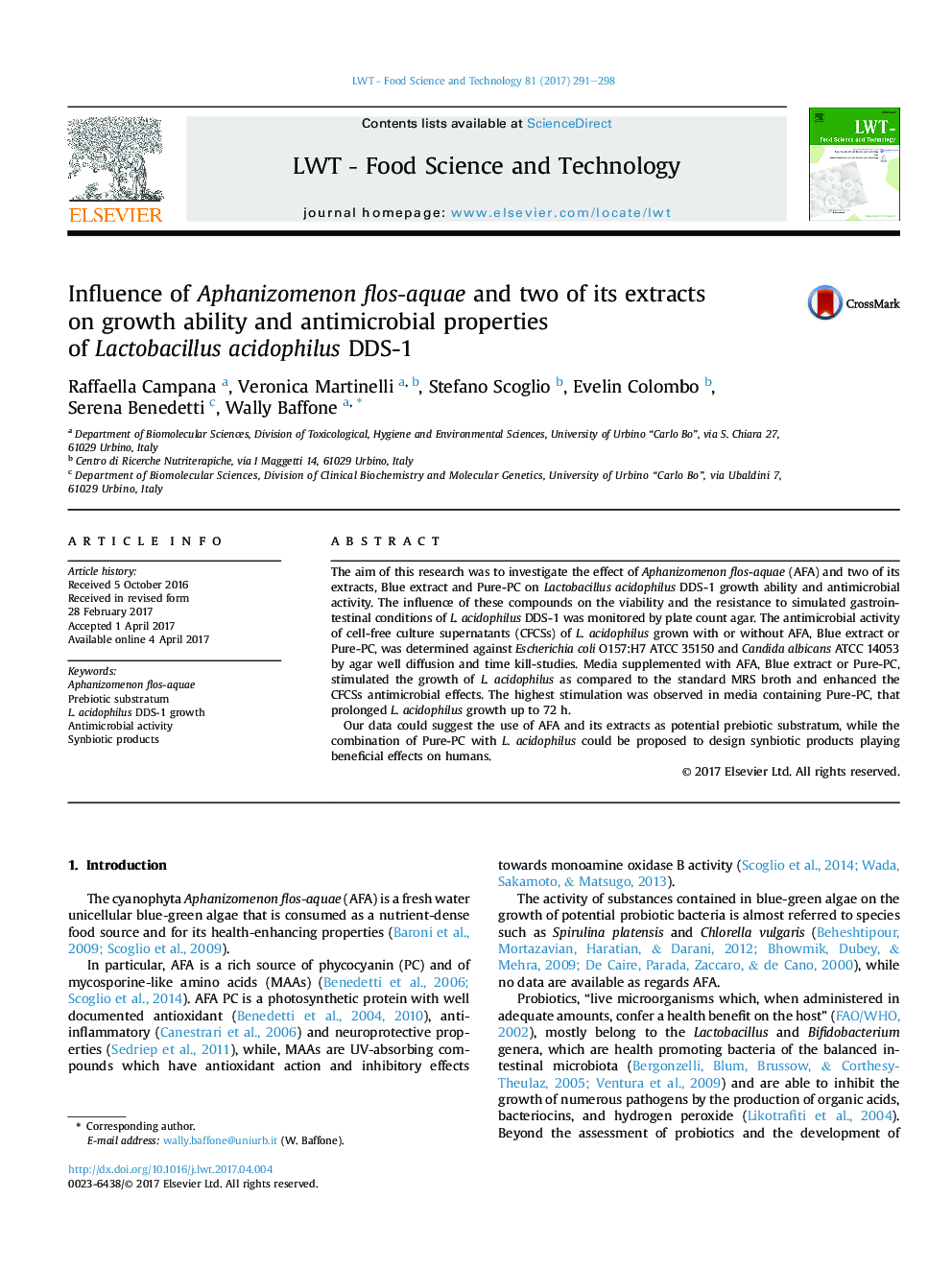 Influence of Aphanizomenon flos-aquae and two of its extracts onÂ growth ability and antimicrobial properties ofÂ LactobacillusÂ acidophilus DDS-1