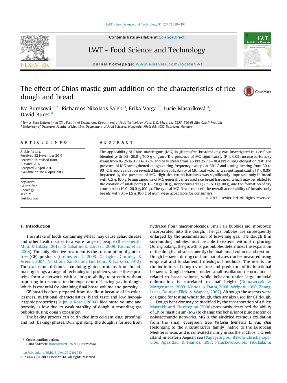 The effect of Chios mastic gum addition on the characteristics of rice dough and bread