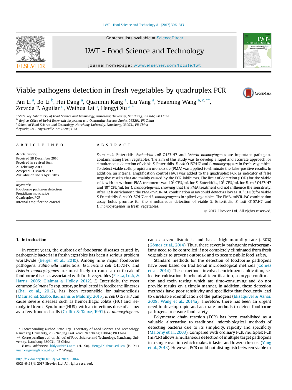 Viable pathogens detection in fresh vegetables by quadruplex PCR