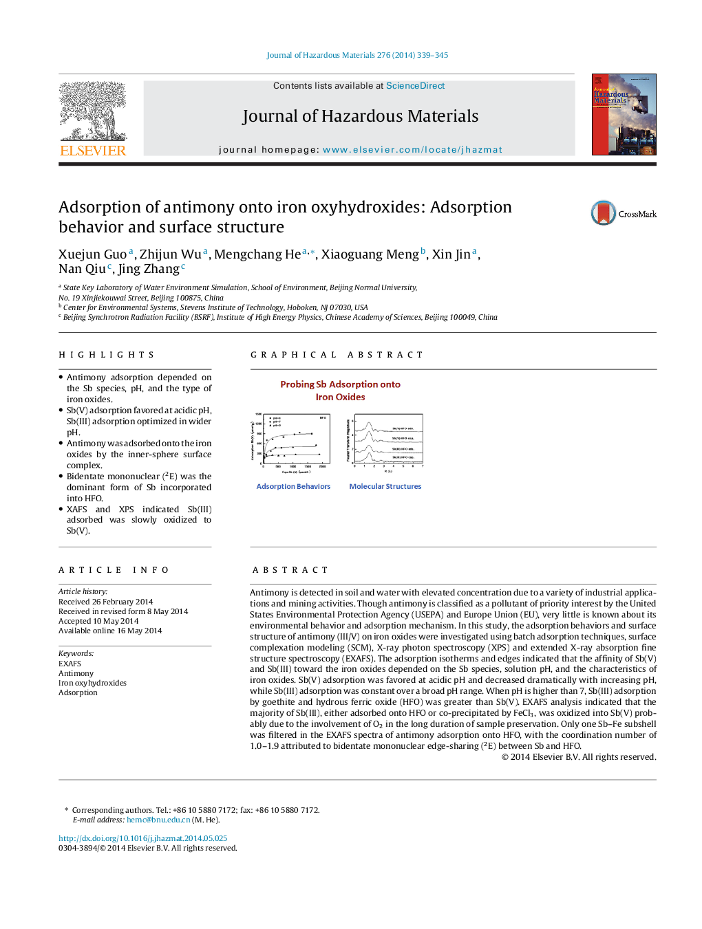 Adsorption of antimony onto iron oxyhydroxides: Adsorption behavior and surface structure