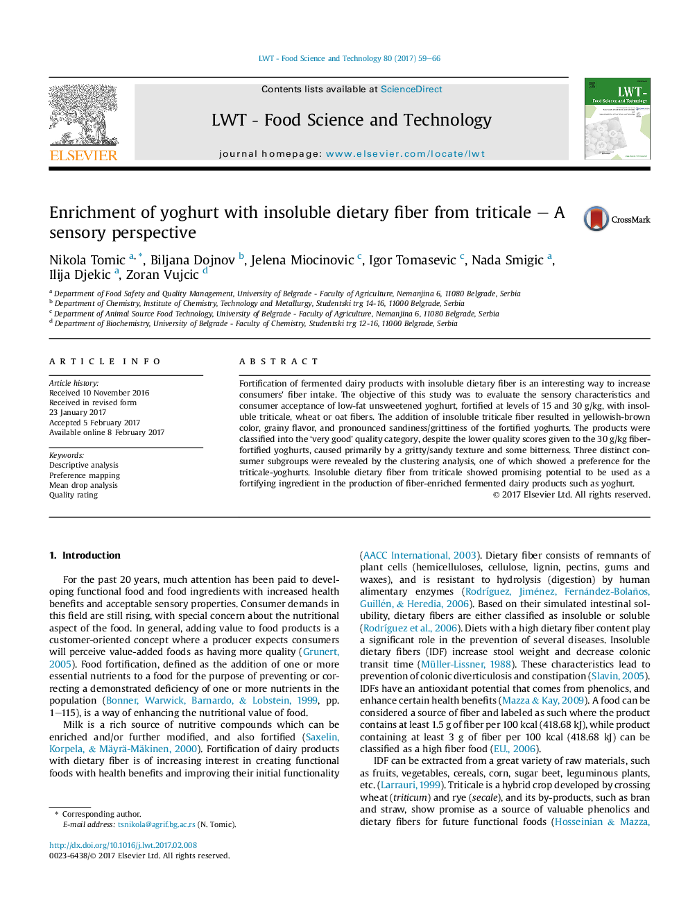 Enrichment of yoghurt with insoluble dietary fiber from triticale - A sensory perspective