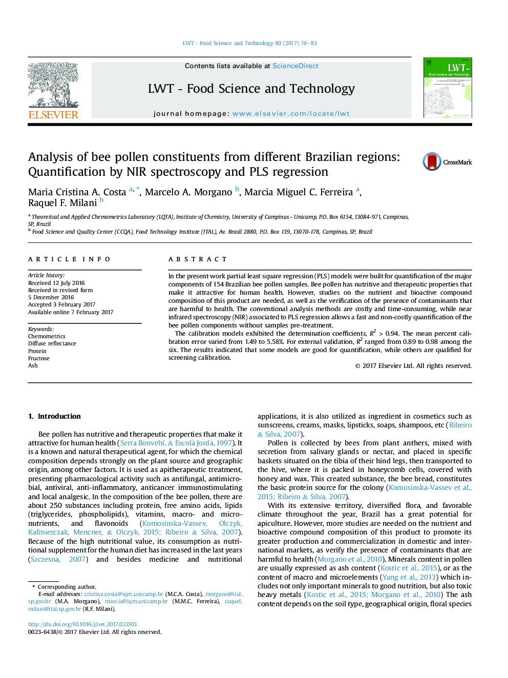 Analysis of bee pollen constituents from different Brazilian regions: Quantification by NIR spectroscopy and PLS regression