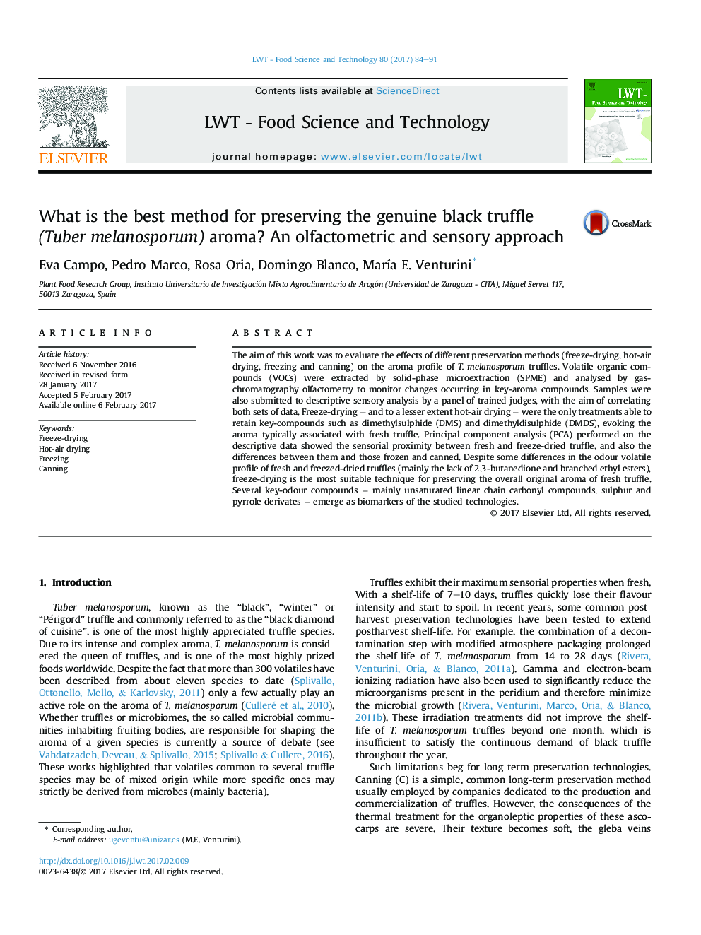 What is the best method for preserving the genuine black truffle (Tuber melanosporum) aroma? An olfactometric and sensory approach