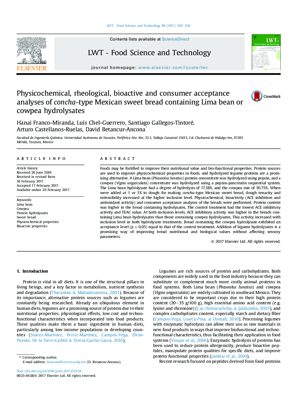 Physicochemical, rheological, bioactive and consumer acceptance analyses of concha-type Mexican sweet bread containing Lima bean or cowpea hydrolysates