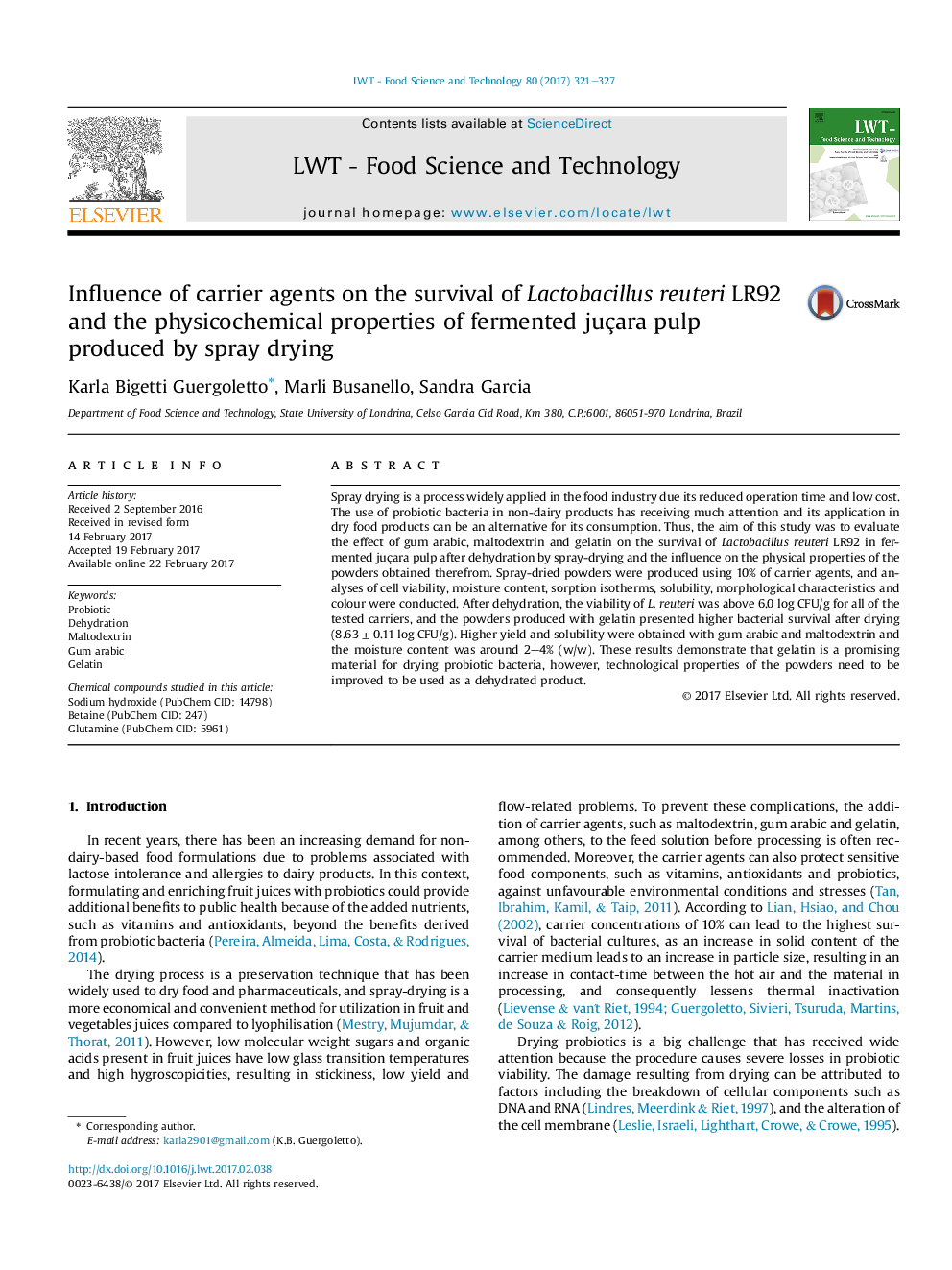 Influence of carrier agents on the survival of Lactobacillus reuteri LR92 and the physicochemical properties of fermented juçara pulp produced by spray drying