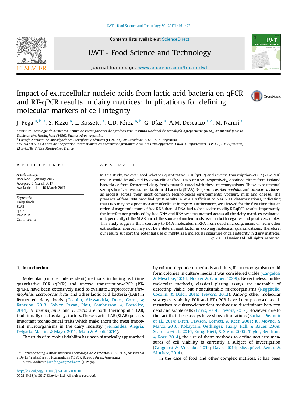 Impact of extracellular nucleic acids from lactic acid bacteria on qPCR and RT-qPCR results in dairy matrices: Implications for defining molecular markers of cell integrity