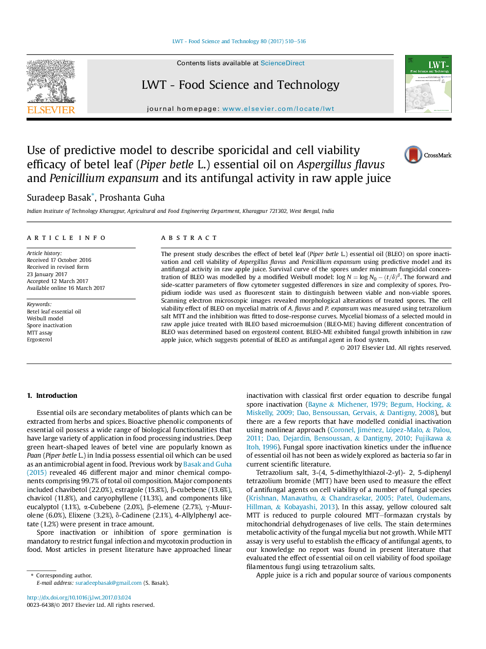 Use of predictive model to describe sporicidal and cell viability efficacy of betel leaf (Piper betle L.) essential oil on Aspergillus flavus and Penicillium expansum and its antifungal activity in raw apple juice