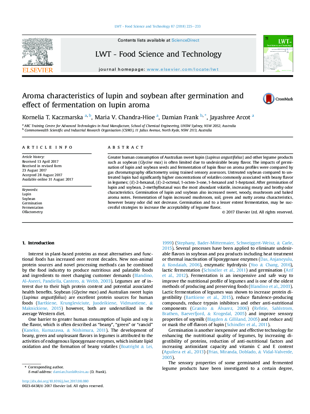 Aroma characteristics of lupin and soybean after germination and effect of fermentation on lupin aroma