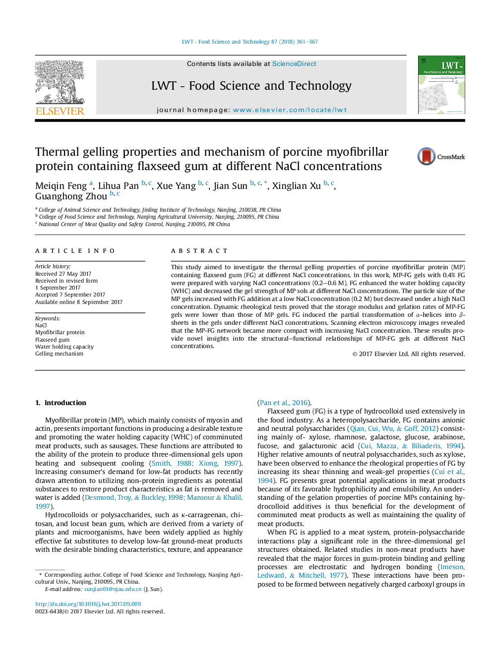 Thermal gelling properties and mechanism of porcine myofibrillar protein containing flaxseed gum at different NaCl concentrations