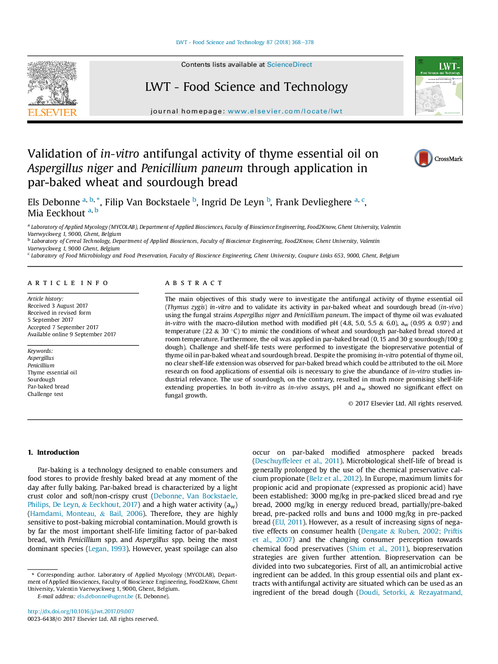 Validation of in-vitro antifungal activity of thyme essential oil on Aspergillus niger and Penicillium paneum through application in par-baked wheat and sourdough bread