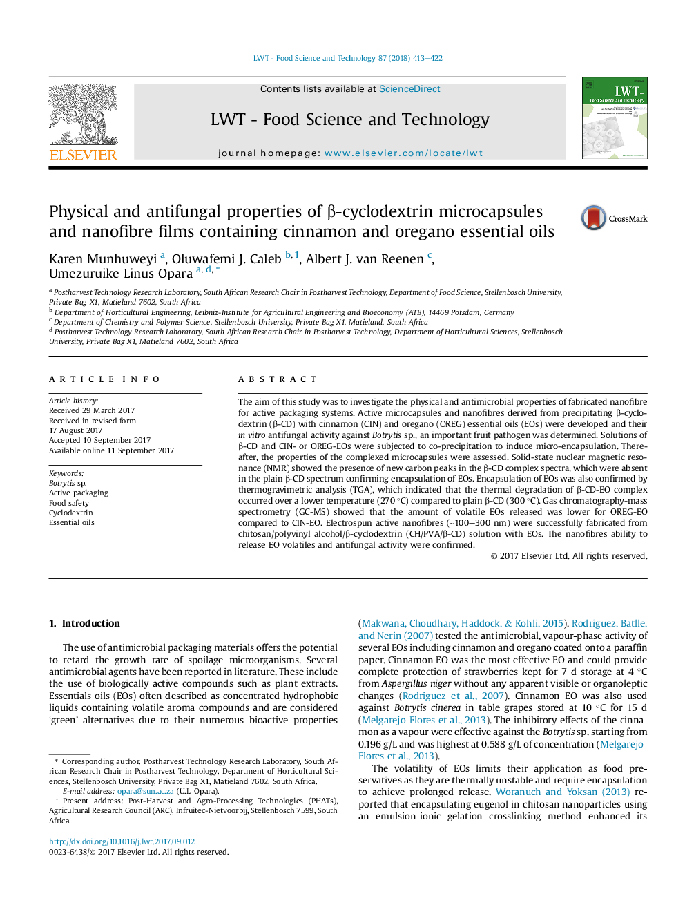 Physical and antifungal properties of Î²-cyclodextrin microcapsules and nanofibre films containing cinnamon and oregano essential oils