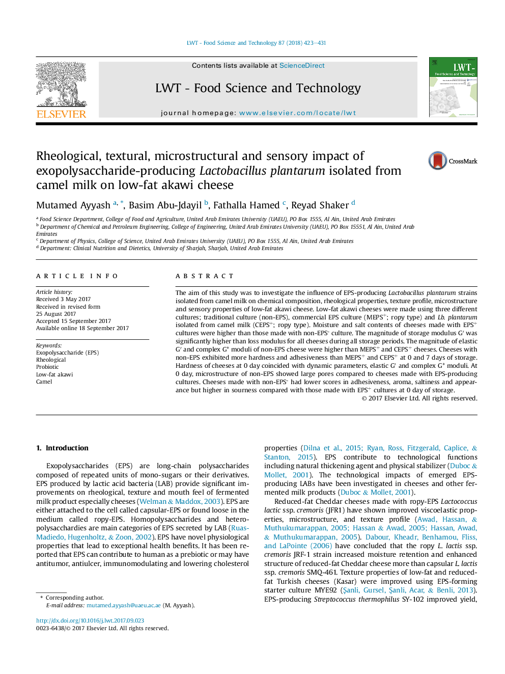 Rheological, textural, microstructural and sensory impact of exopolysaccharide-producing Lactobacillus plantarum isolated from camel milk on low-fat akawi cheese