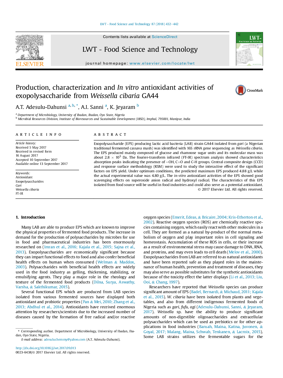 Production, characterization and InÂ vitro antioxidant activities of exopolysaccharide from Weissella cibaria GA44