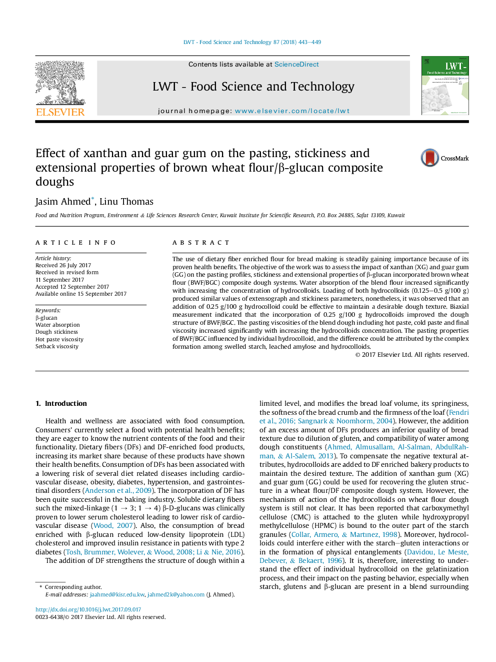 Effect of xanthan and guar gum on the pasting, stickiness and extensional properties of brown wheat flour/Î²-glucan composite doughs