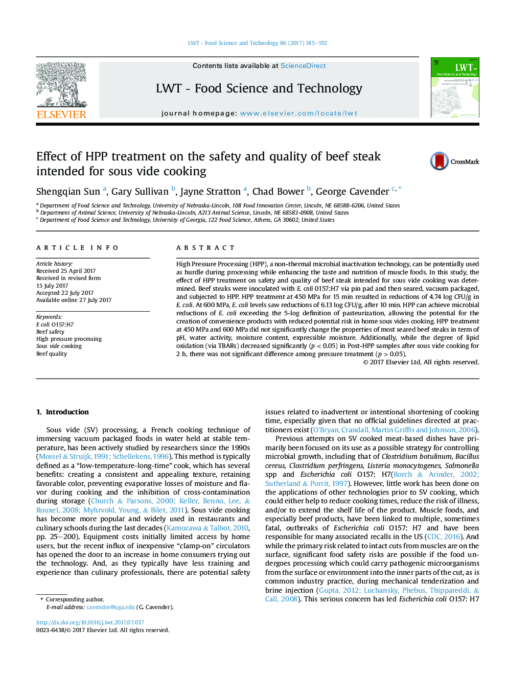 Effect of HPP treatment on the safety and quality of beef steak intended for sous vide cooking