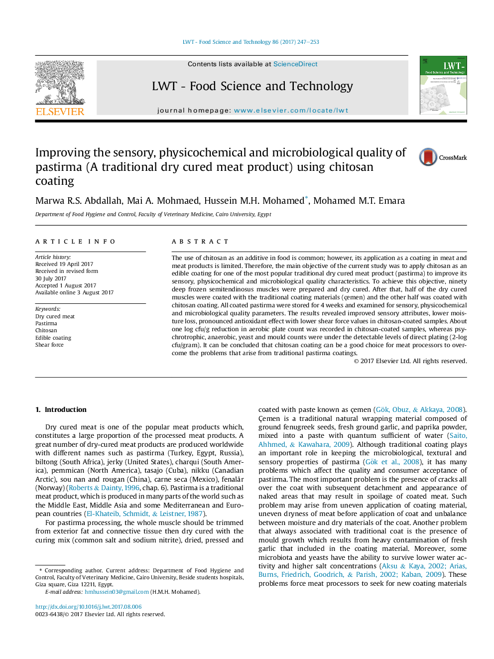 Improving the sensory, physicochemical and microbiological quality of pastirma (A traditional dry cured meat product) using chitosan coating