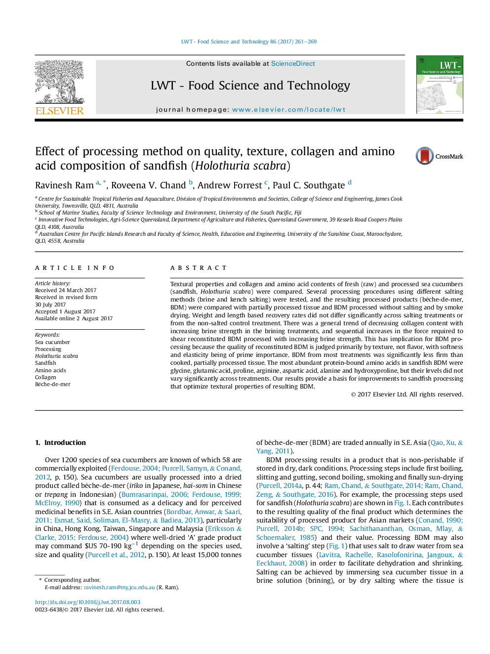 Effect of processing method on quality, texture, collagen and amino acid composition of sandfish (Holothuria scabra)