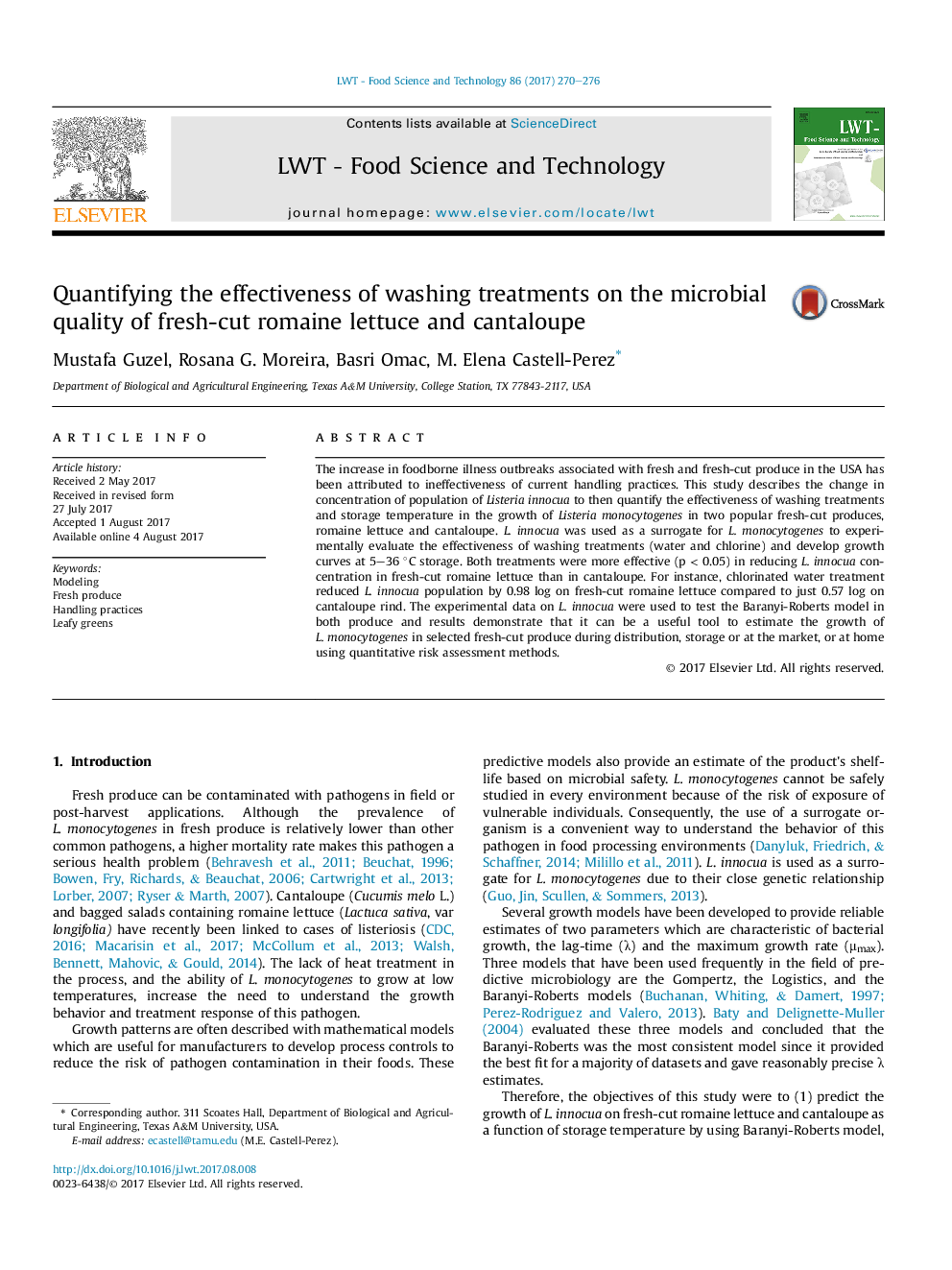 Quantifying the effectiveness of washing treatments on the microbial quality of fresh-cut romaine lettuce and cantaloupe