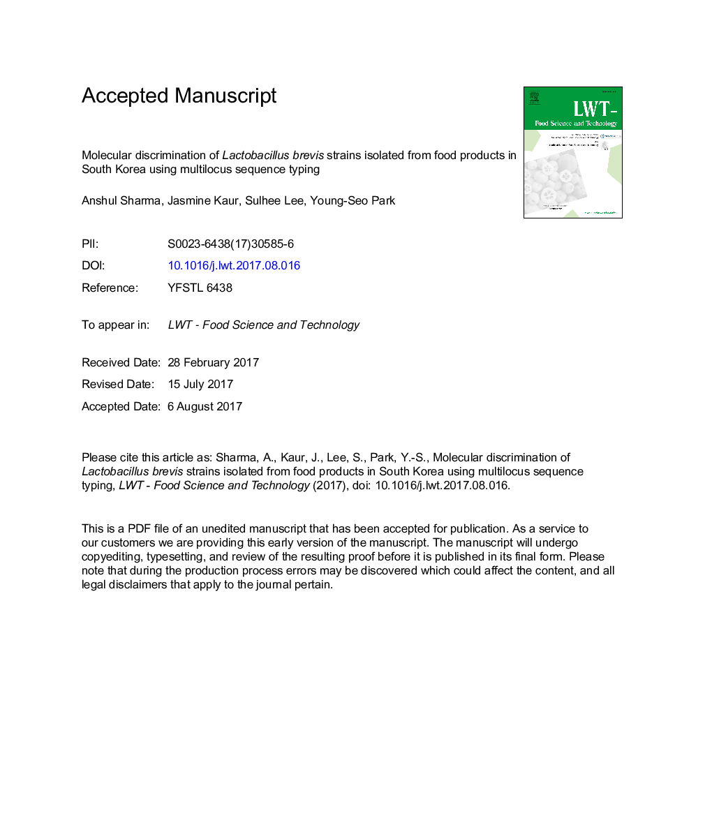 عکس صفحه اول مقاله: Molecular discrimination of Lactobacillus brevis strains isolated from food products in South Korea using multilocus sequence typing Molecular discrimination of Lactobacillus brevis strains isolated from food products in South Korea using multilocus sequence typing