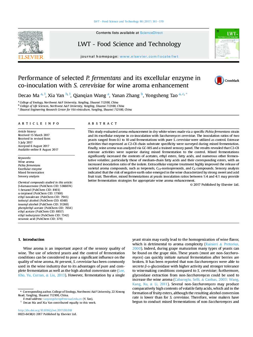 Performance of selected P.Â fermentans and its excellular enzyme in co-inoculation with S.Â cerevisiae for wine aroma enhancement