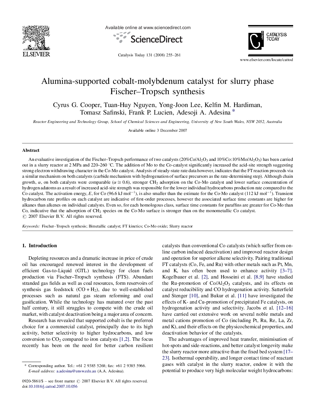 Alumina-supported cobalt-molybdenum catalyst for slurry phase Fischer–Tropsch synthesis