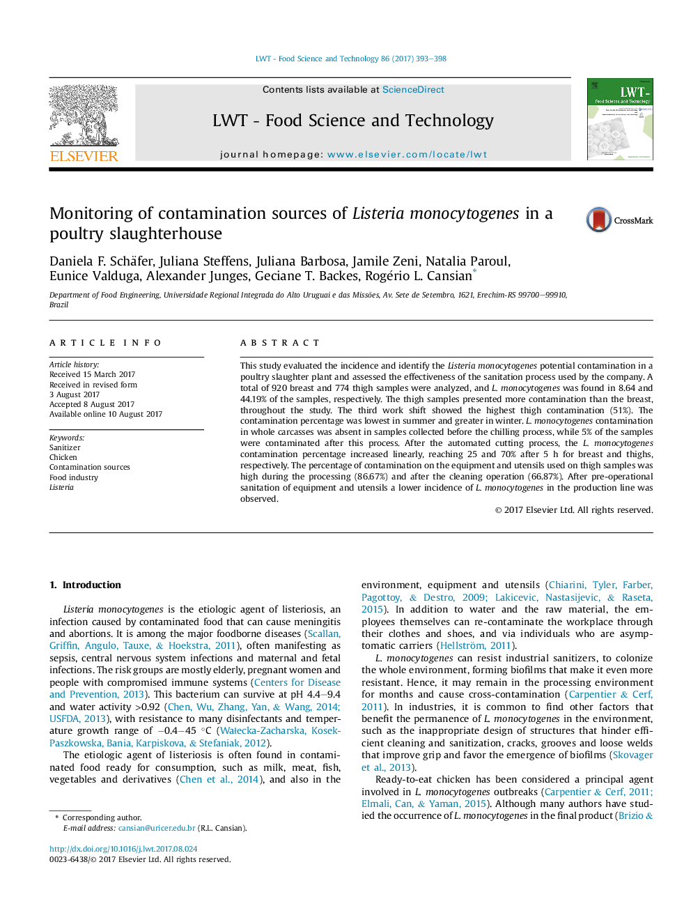 Monitoring of contamination sources of Listeria monocytogenes in a poultry slaughterhouse