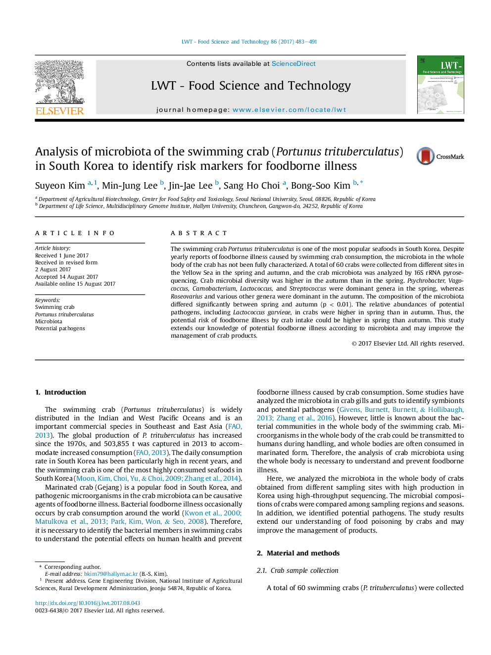 Analysis of microbiota of the swimming crab (Portunus trituberculatus) in South Korea to identify risk markers for foodborne illness