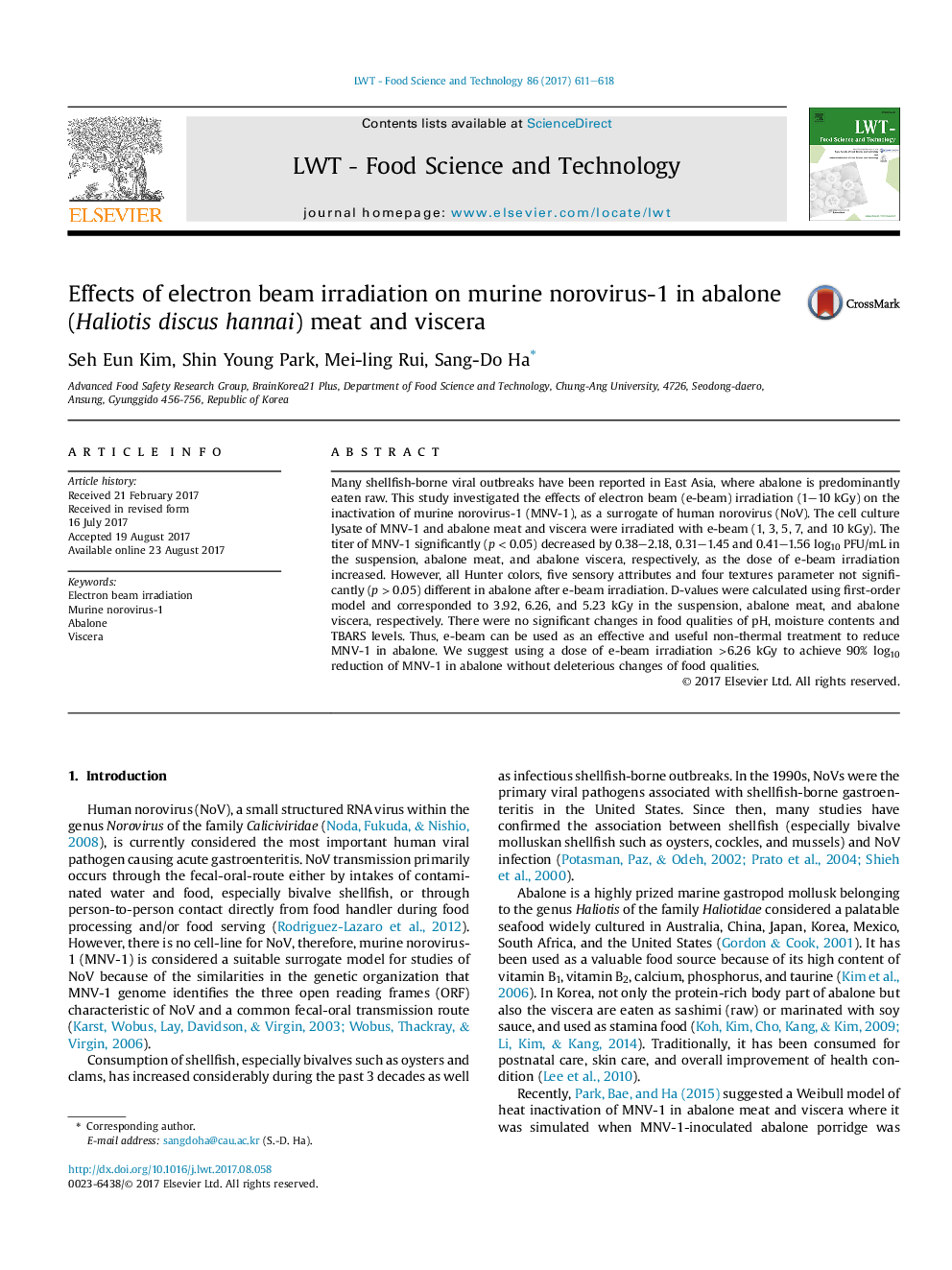 Effects of electron beam irradiation on murine norovirus-1 in abalone (Haliotis discus hannai) meat and viscera