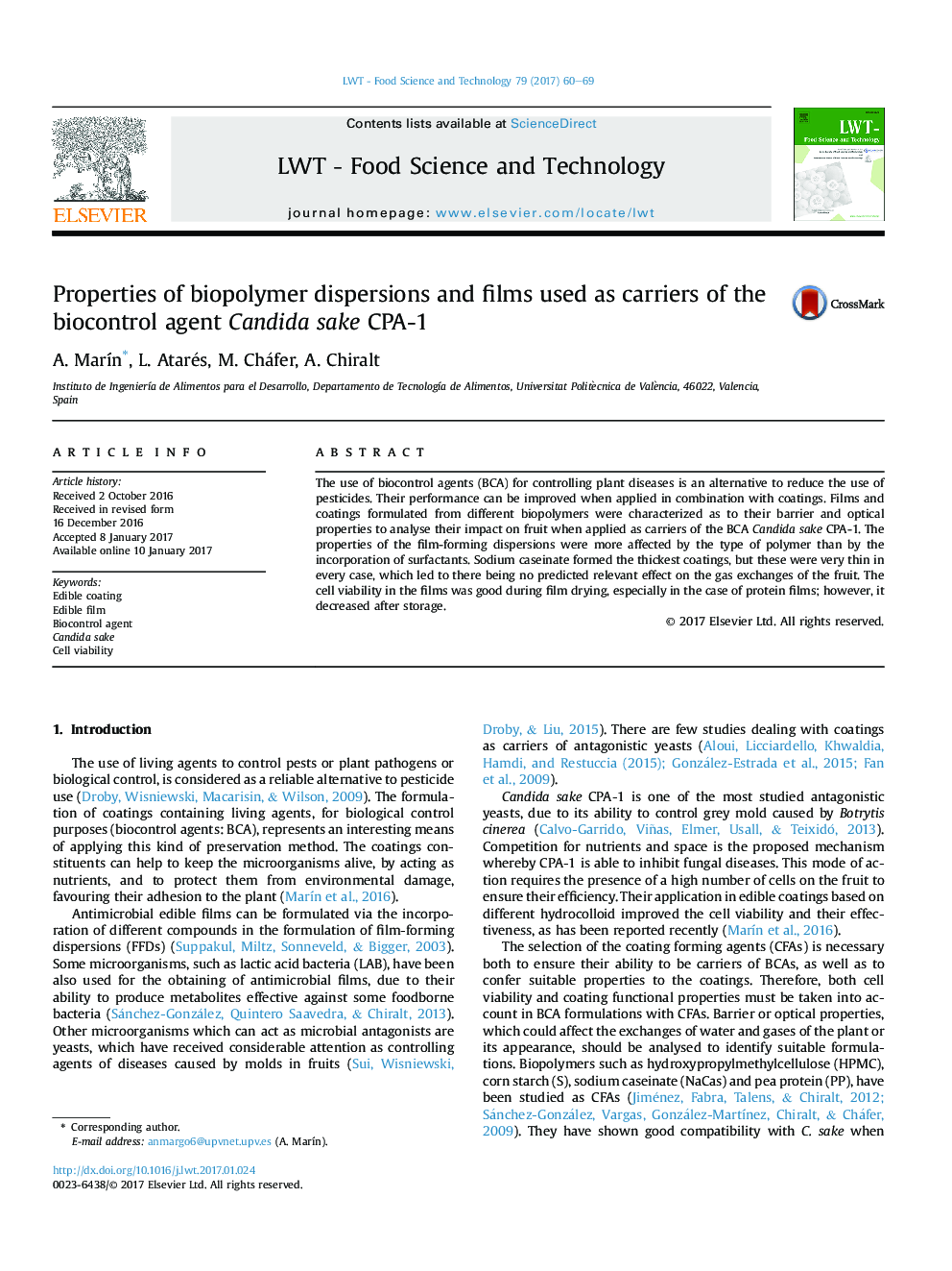 Properties of biopolymer dispersions and films used as carriers of the biocontrol agent Candida sake CPA-1