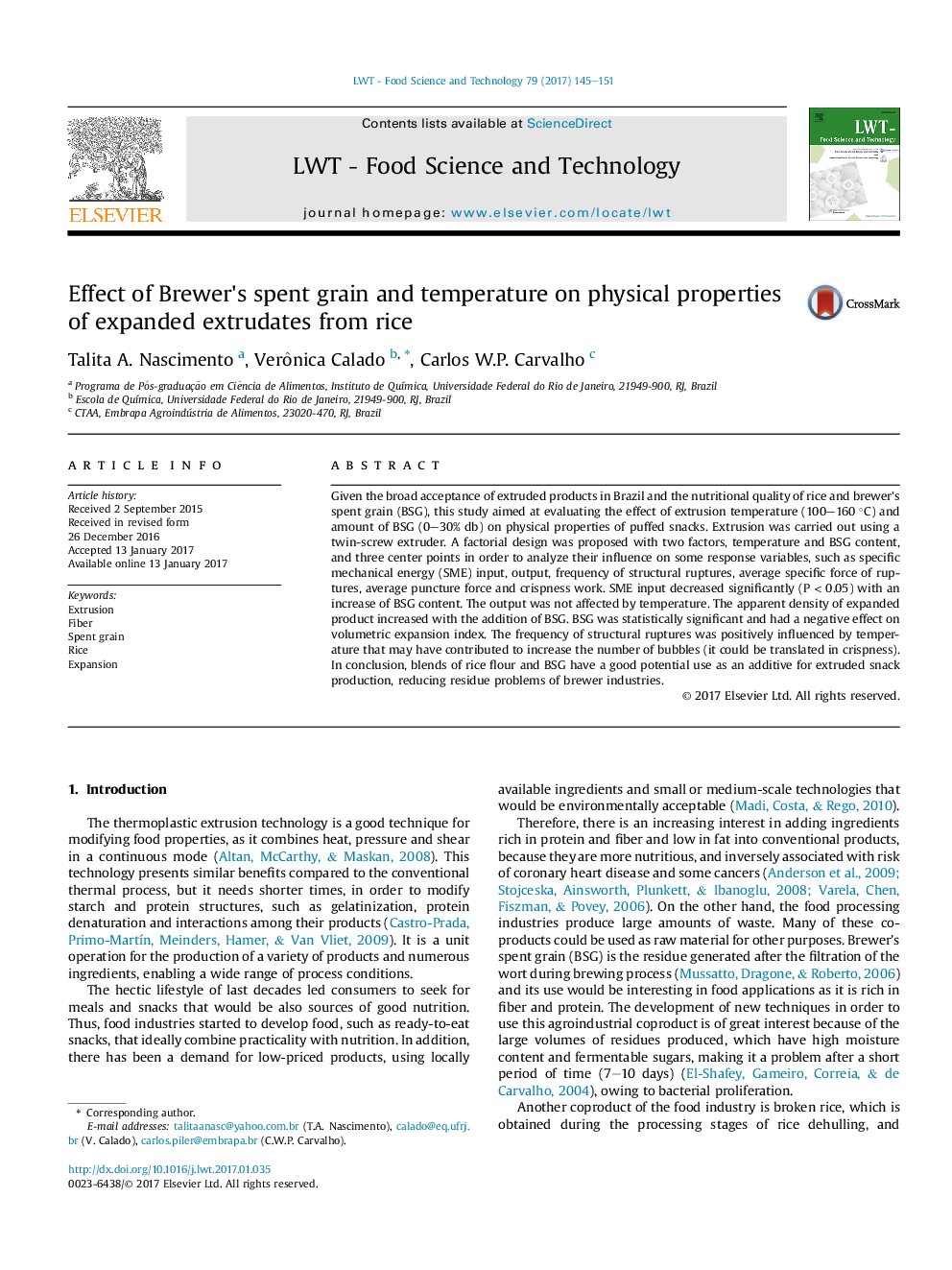 Effect of Brewer's spent grain and temperature on physical properties of expanded extrudates from rice