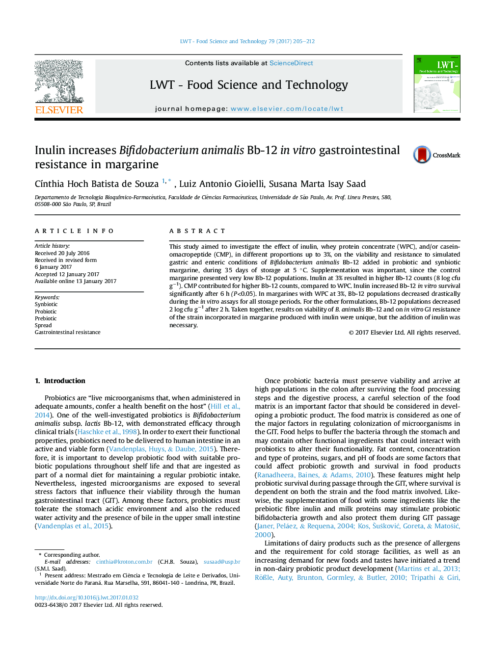 Inulin increases Bifidobacterium animalis Bb-12 inÂ vitro gastrointestinal resistance in margarine