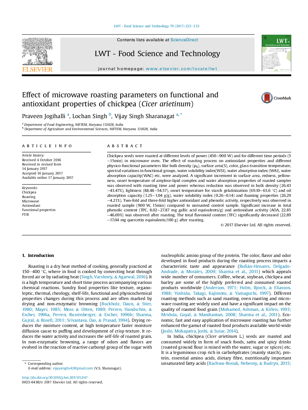 Effect of microwave roasting parameters on functional and antioxidant properties of chickpea (Cicer arietinum)