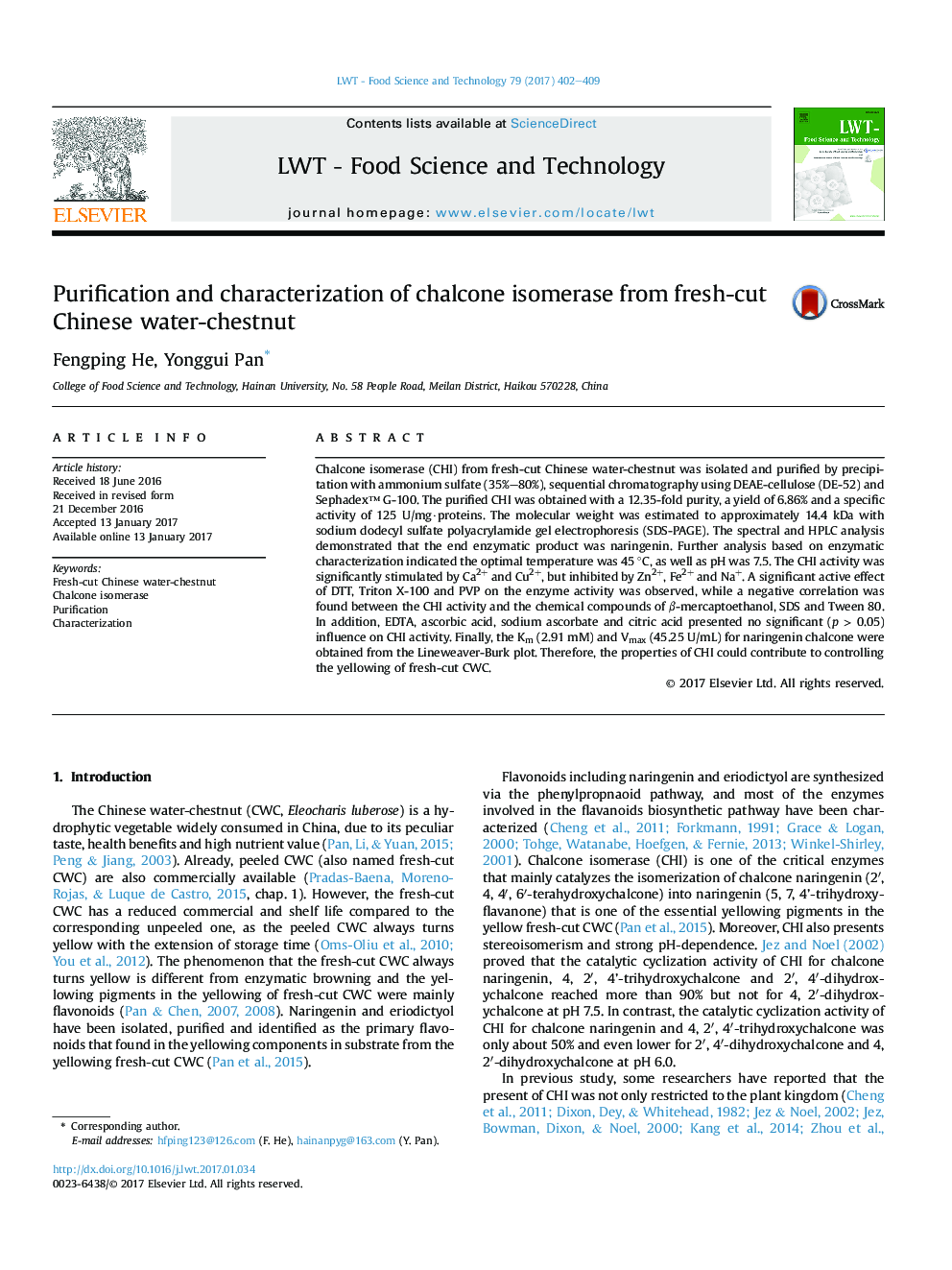 Purification and characterization of chalcone isomerase from fresh-cut Chinese water-chestnut