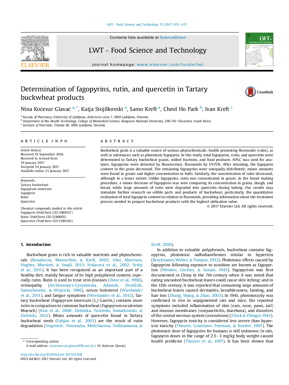 Determination of fagopyrins, rutin, and quercetin in Tartary buckwheat products