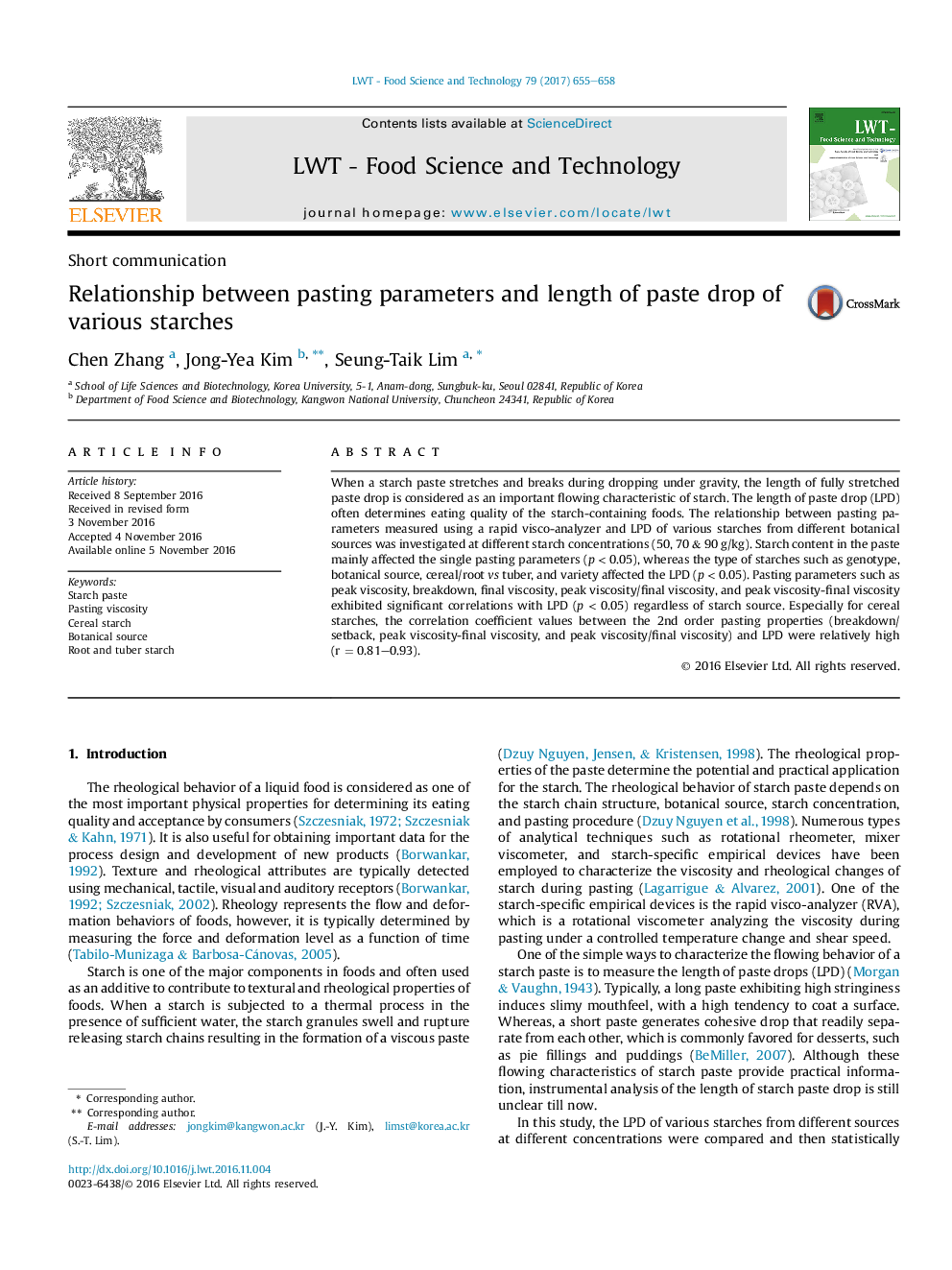 Short communicationRelationship between pasting parameters and length of paste drop of various starches