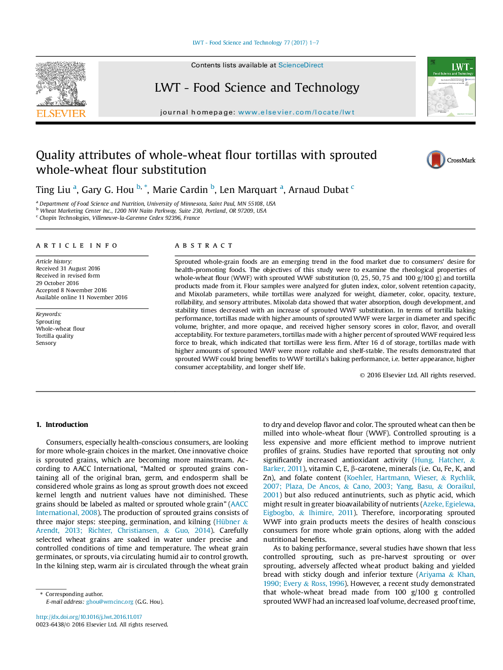 Quality attributes of whole-wheat flour tortillas with sprouted whole-wheat flour substitution