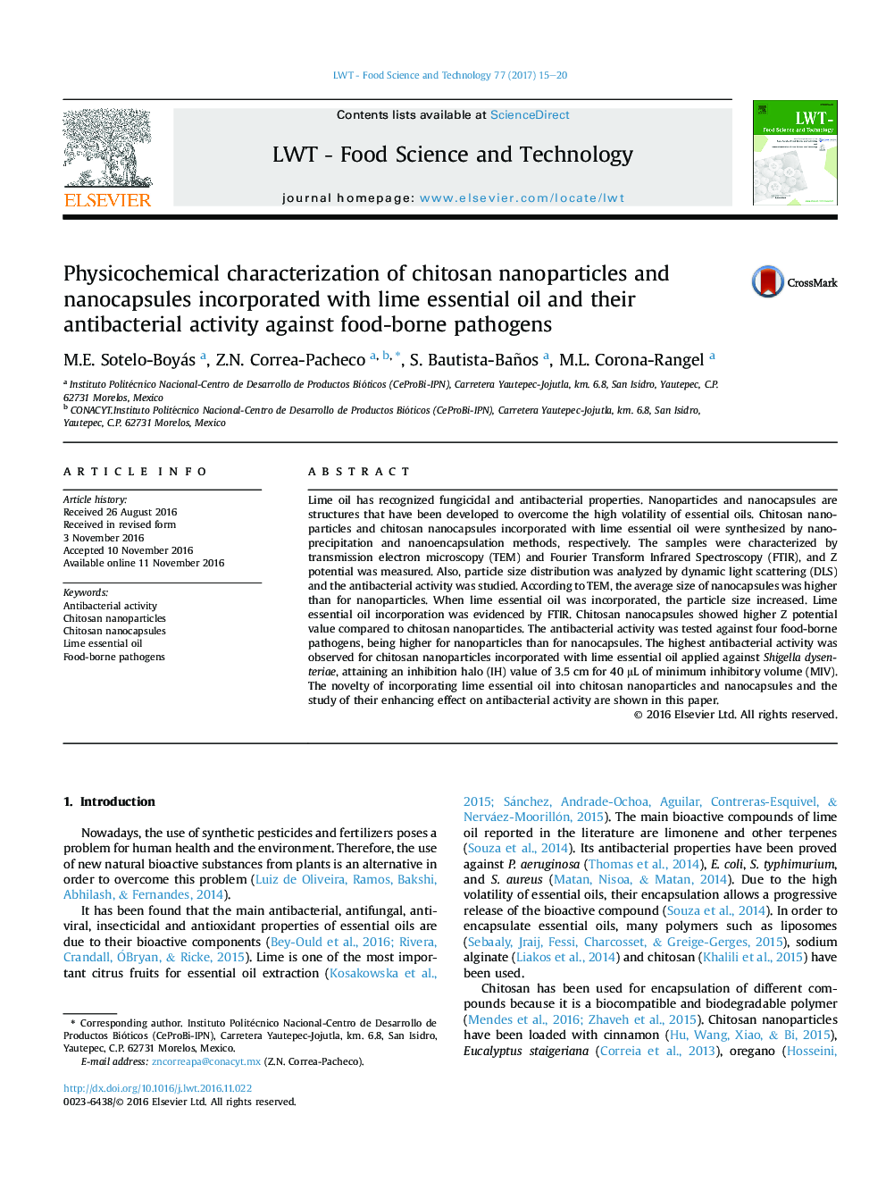 Physicochemical characterization of chitosan nanoparticles and nanocapsules incorporated with lime essential oil and their antibacterial activity against food-borne pathogens