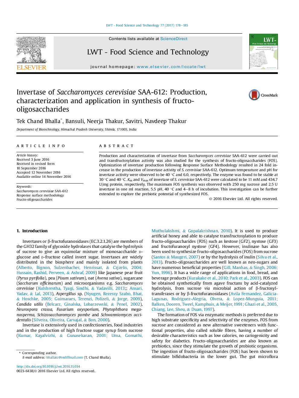 Invertase of Saccharomyces cerevisiae SAA-612: Production, characterization and application in synthesis of fructo-oligosaccharides