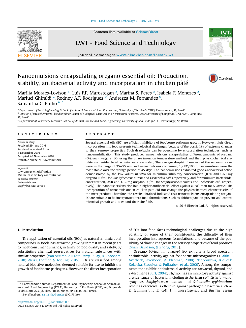 Nanoemulsions encapsulating oregano essential oil: Production, stability, antibacterial activity and incorporation in chicken pÃ¢té