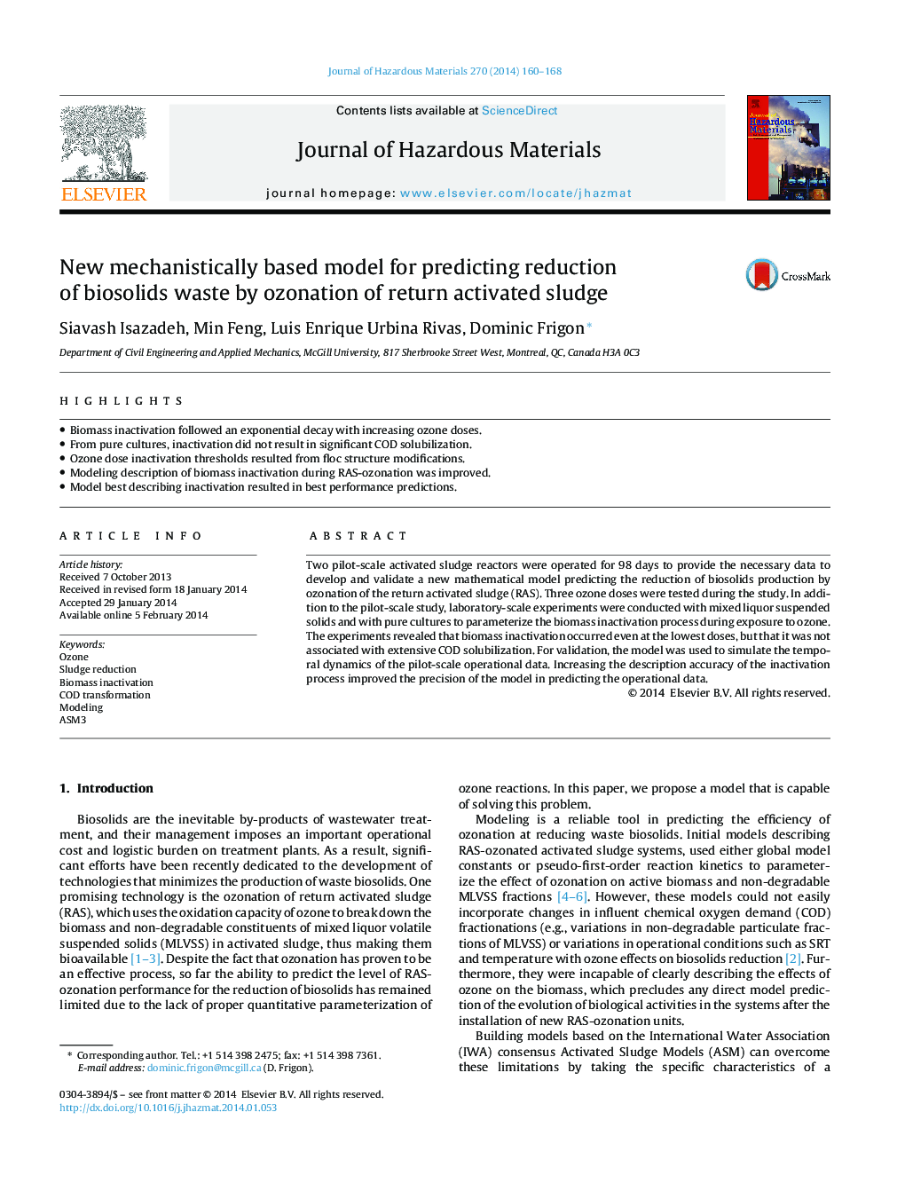 New mechanistically based model for predicting reduction of biosolids waste by ozonation of return activated sludge