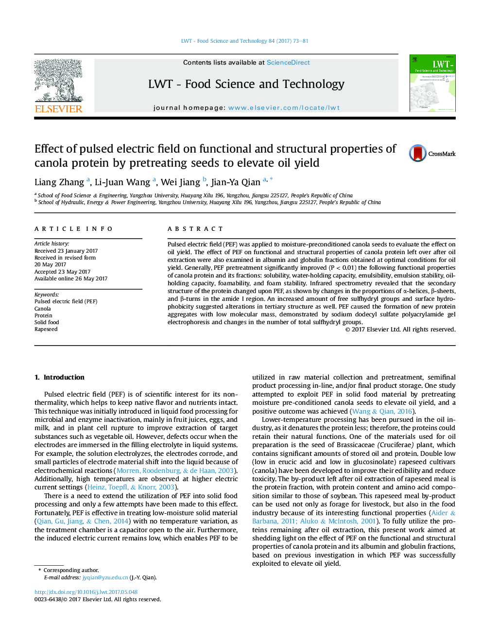 Effect of pulsed electric field on functional and structural properties of canola protein by pretreating seeds to elevate oil yield