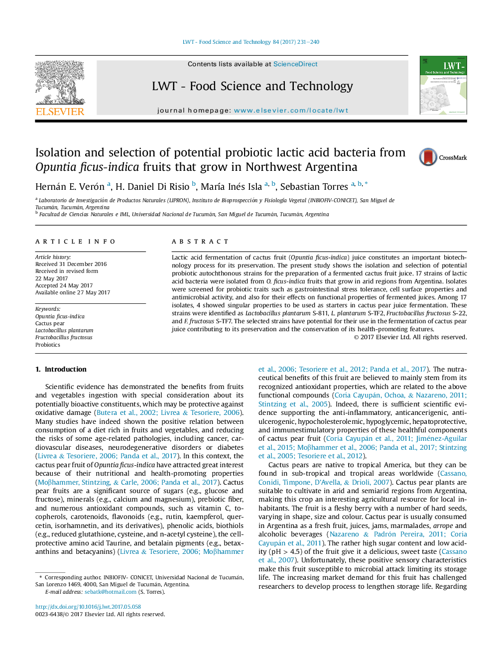 Isolation and selection of potential probiotic lactic acid bacteria from Opuntia ficus-indica fruits that grow in Northwest Argentina